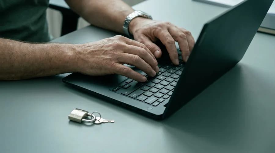 Hände tippen auf einer Laptop-Tastatur, daneben liegt ein kleines Vorhängeschloss mit Schlüsseln