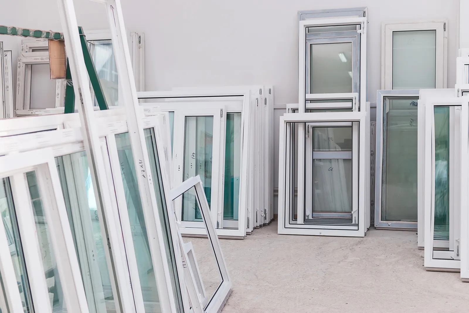 Fertige Fenster stehen an einer Wand gestapelt und warten auf den Einbau.