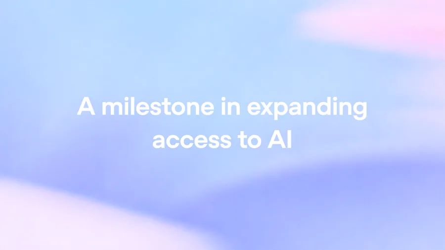 Textkarte 'A milestone in expanding access to AI' auf blauem Verlaufshintergrund