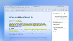 Microsoft Word mit geöffneter Geheimhaltungsvereinbarung, rechts die ChatGPT-Seitenleiste, die 11 Felder des Vertrags ausgefüllt hat