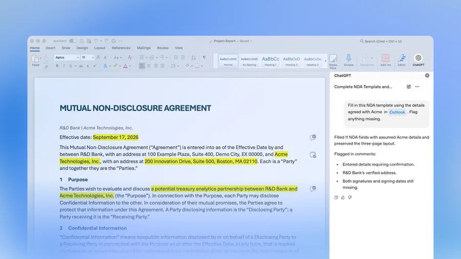Microsoft Word mit geöffneter Geheimhaltungsvereinbarung, rechts die ChatGPT-Seitenleiste, die 11 Felder des Vertrags ausgefüllt hat