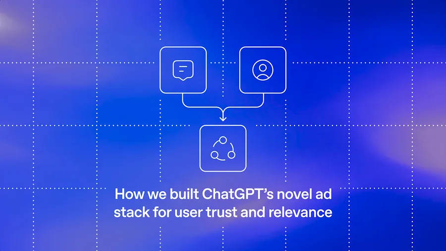 Grafik von OpenAI: ein Chatsymbol und ein Personensymbol führen mit Pfeilen zu einem gemeinsamen Kasten, darunter der englische Titel des Beitrags über das Werbesystem von ChatGPT