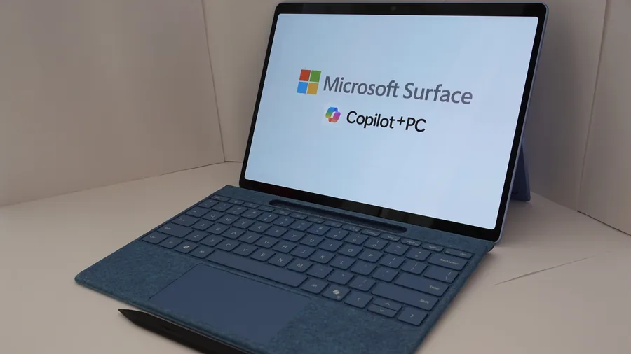 Microsoft Surface mit blauer Tastatur, auf dem Bildschirm steht Microsoft Surface Copilot+PC