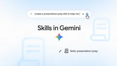 Eingabezeile von Gemini mit der Bitte, einen Skill zur Vorbereitung einer Präsentation zu bauen, darunter der Schriftzug Skills in Gemini