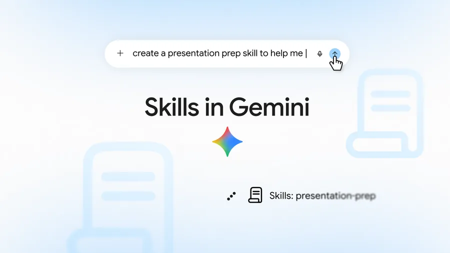 Eingabezeile von Gemini mit der Bitte, einen Skill zur Vorbereitung einer Präsentation zu bauen, darunter der Schriftzug Skills in Gemini