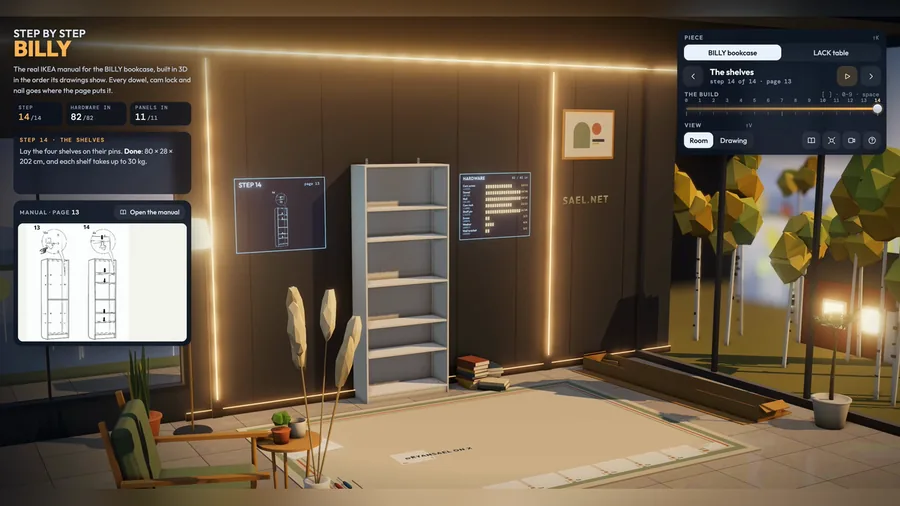 Gerendertes Wohnzimmer mit einem weißen Billy-Regal an der Wand, links die Schritte und eine Seite der Papieranleitung, rechts die Bedienleiste