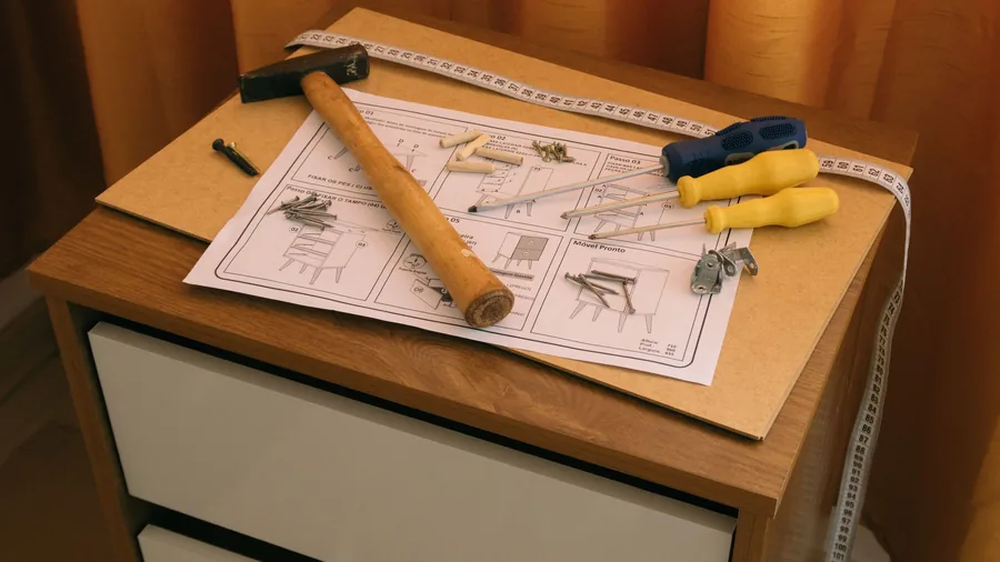 Hammer, Schraubenzieher, Maßband und Kleinteile liegen auf einer Papieranleitung für ein Möbelstück