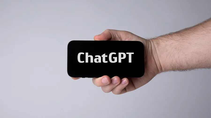 Eine Hand hält ein Smartphone quer vor grauem Hintergrund, auf dem schwarzen Display steht ChatGPT