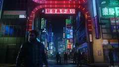 Szene aus dem Spiel Marvel's Wolverine: Ein Mann steht nachts in einer Straße mit roter und blauer japanischer Leuchtreklame
