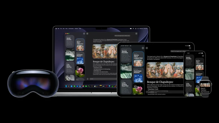Die Siri-App mit einer Antwort über den Park Bosque de Chapultepec auf Vision Pro, MacBook, iPad, iPhone und Apple Watch vor schwarzem Hintergrund