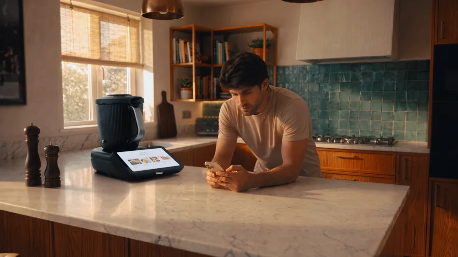 Mann in einer Küche schaut auf sein Handy, daneben steht ein Thermomix TM7 mit Rezeptbildern am Bildschirm