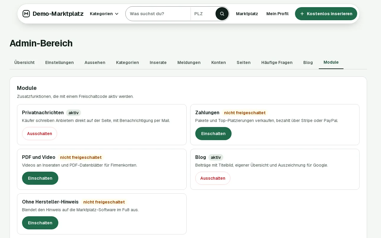Admin-Bereich, Reiter Module: Privatnachrichten und Blog aktiv, Zahlungen, PDF und Video sowie Ohne Hersteller-Hinweis mit Knopf zum Einschalten
