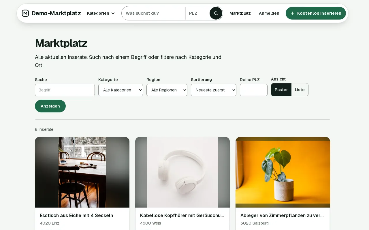 Marktplatz-Übersicht mit Suche, Kategorie, Region, Sortierung und Postleitzahl, darunter Inserate mit Fotos: Esstisch, Kopfhörer, Zimmerpflanzen