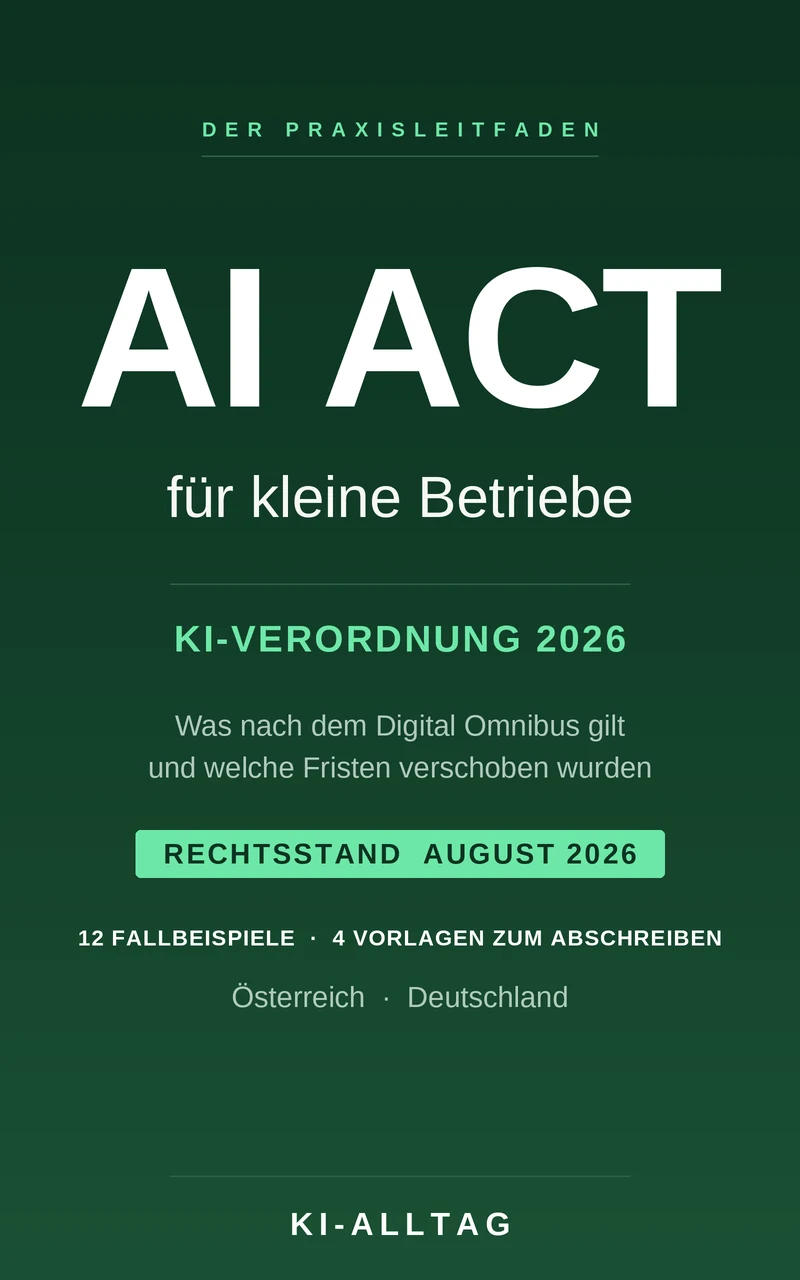 Buchcover: AI Act für kleine Betriebe, die KI-Verordnung 2026 verständlich erklärt.