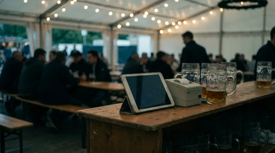 Bierzelt am Abend, im Vordergrund ein Tablet und ein Bondrucker neben Gläsern auf der Theke