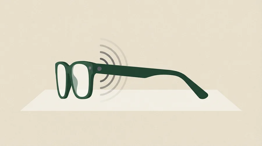 Brille von der Seite, mit breiten Bügeln und feinen Signalbögen, die von einem Bügel ausgehen