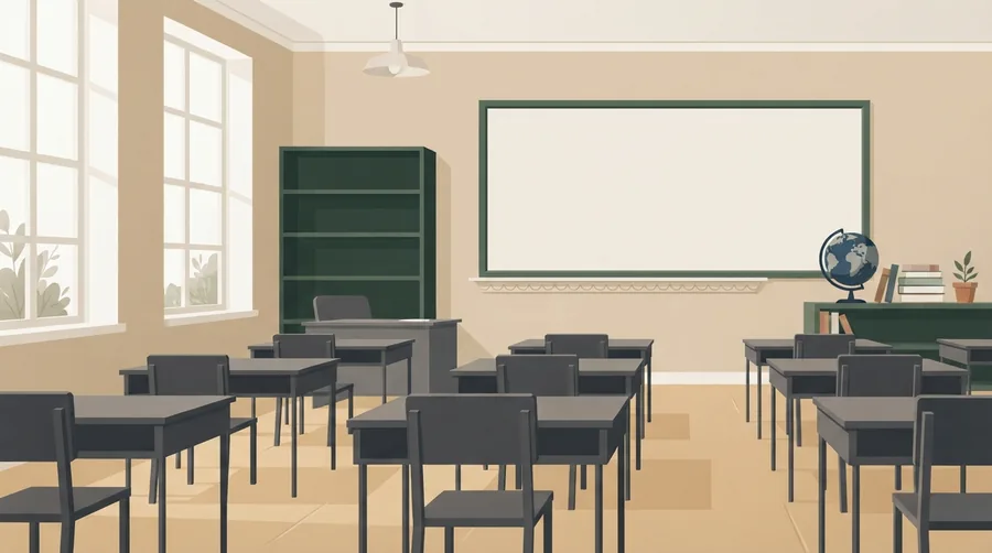Leeres Klassenzimmer von hinten, Sesselreihen vor einer leeren Tafel, Globus und Bücher auf einem Regal
