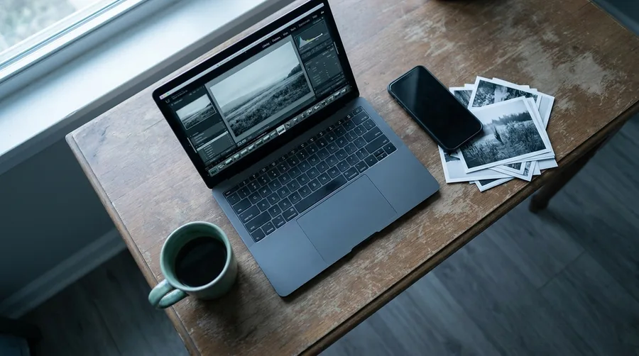 Schreibtisch von oben mit Laptop, Telefon und einem Stapel gedruckter Fotos