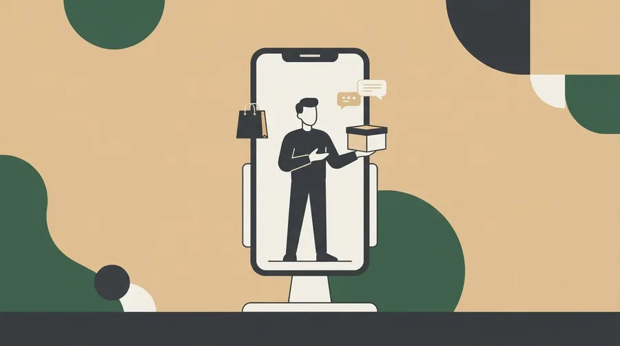 Aufgestelltes Telefon, auf dem Bildschirm eine angedeutete Person, die eine Schachtel zeigt, daneben Sprechblasen und eine Einkaufstasche
