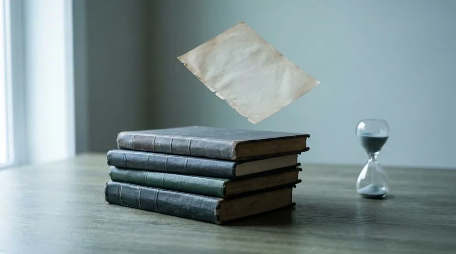 Ein Stapel Gesetzesbücher auf einem Schreibtisch, darüber löst sich ein abgerissenes Kalenderblatt, daneben eine kleine Sanduhr