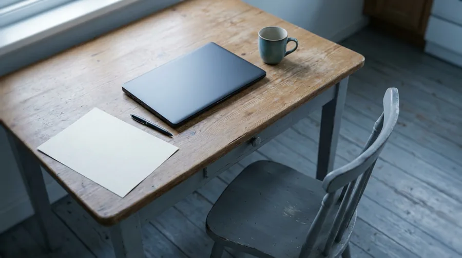 Kleiner Küchentisch als Arbeitsplatz am Morgen: zugeklappter Laptop, Kaffeetasse, ein leeres Blatt und ein Stift