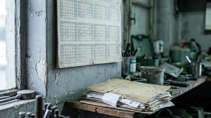 Jahreskalender an der Wand eines kleinen Werkstattbüros, darunter ein Stapel Belege in einer Mappe