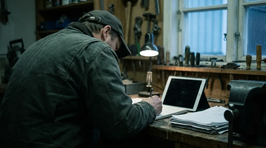 Abends in einer Werkstatt: jemand schreibt am Schreibtisch eine Rechnung, daneben ein Tablet und ein Stapel Lieferscheine