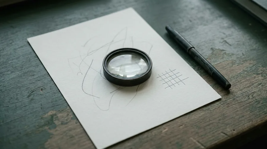 Ein einzelnes Blatt Papier auf einem Werkstattschreibtisch, darauf eine Lupe und ein Stift