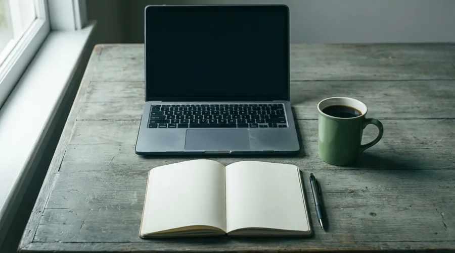 Ein Schreibtisch von oben: Laptop, Notizbuch, grüne Tasse
