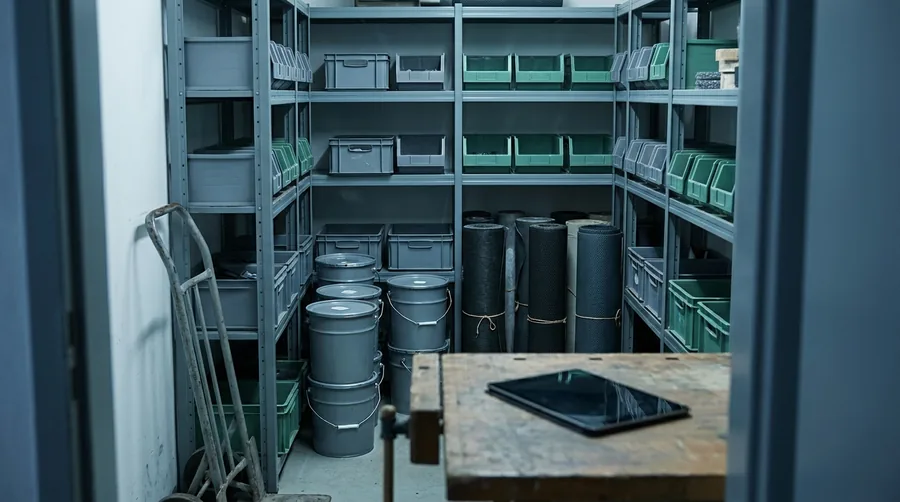 Lagerraum einer Werkstatt vom Türstock aus, Regale mit beschrifteten Kisten und ein Tablet auf der Werkbank