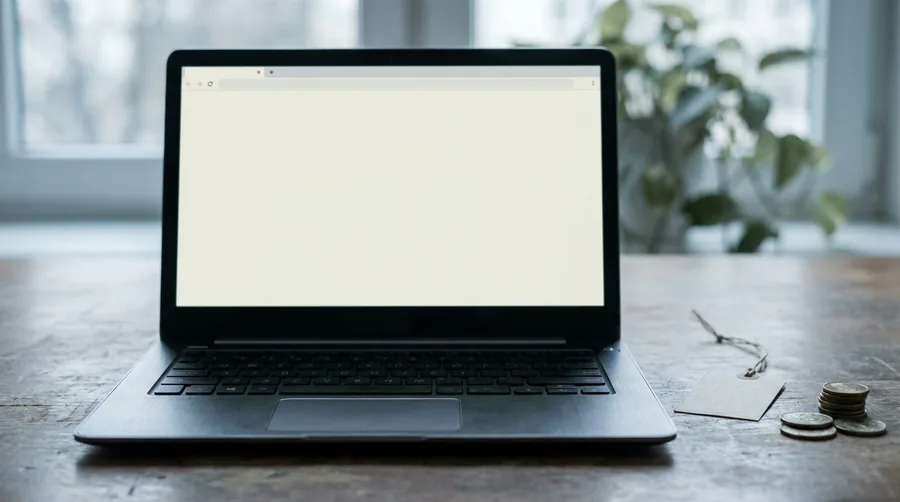 Ein Browserfenster neben einem Preisschild und drei steigenden Balken