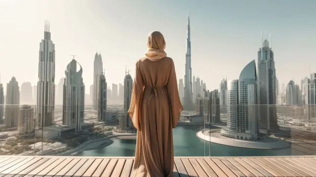 Blick von einer Terrasse auf eine Skyline aus Hochhäusern.