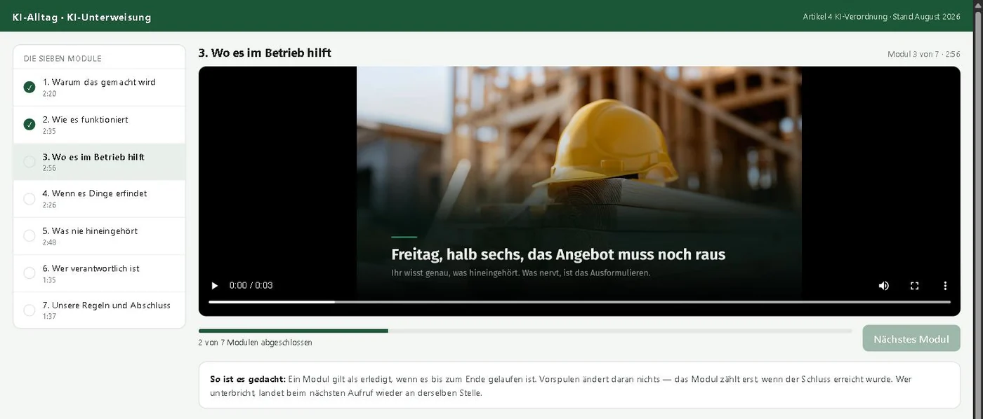 Der Kurs im Lernsystem: links die Modulliste mit zwei grünen Haken, in der Mitte das laufende Video zu Modul 3, unten der Fortschrittsbalken mit zwei von sieben Modulen.