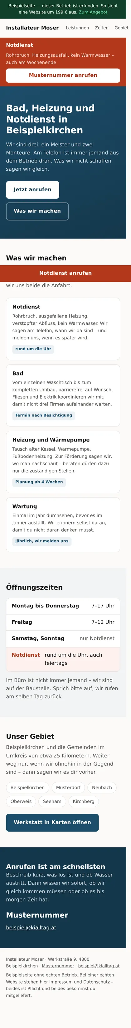Installateur Moser: dieselbe Seite am Handy, von oben bis unten
