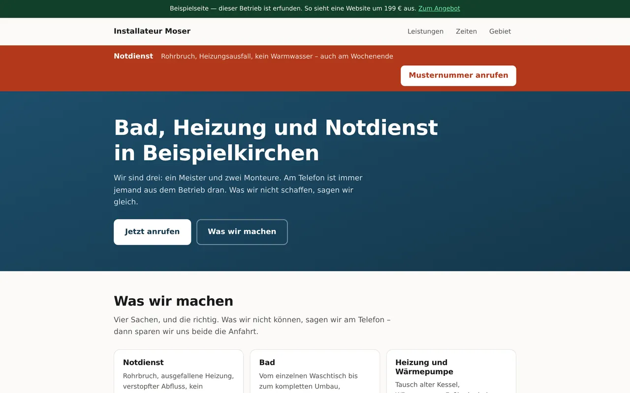 Installateur Moser: die Startseite am Rechner